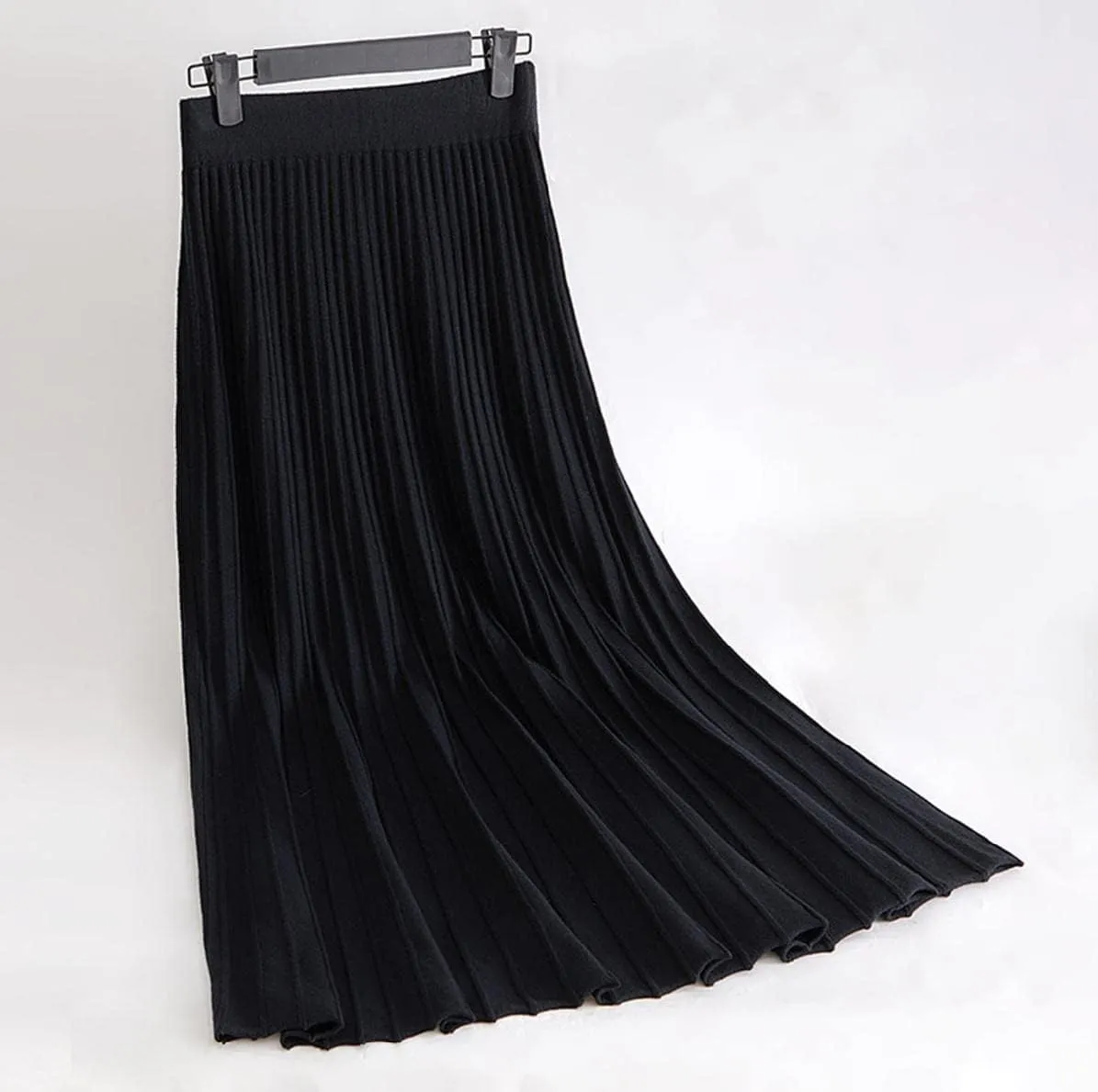 Women's Fashion Soft Knit High Waist Pleated A Line Swing Midi Skirt