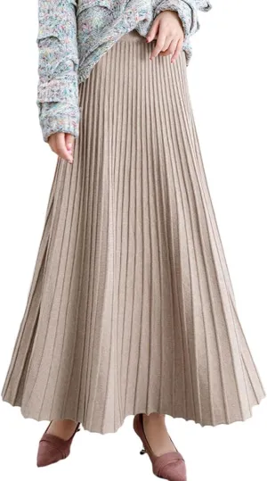 Women's Fashion Soft Knit High Waist Pleated A Line Swing Midi Skirt