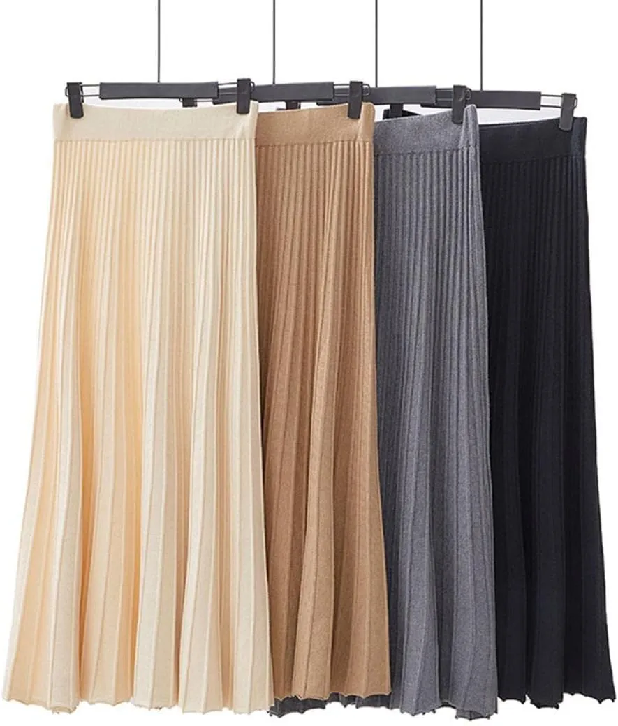 Women's Fashion Soft Knit High Waist Pleated A Line Swing Midi Skirt