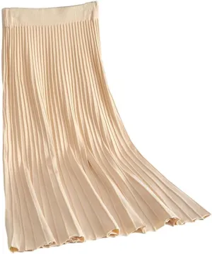 Women's Fashion Soft Knit High Waist Pleated A Line Swing Midi Skirt