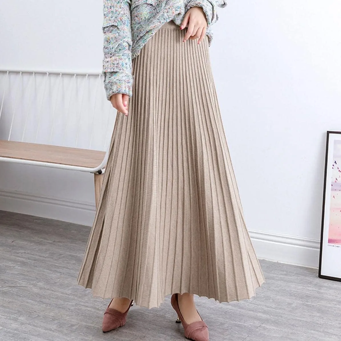 Women's Fashion Soft Knit High Waist Pleated A Line Swing Midi Skirt