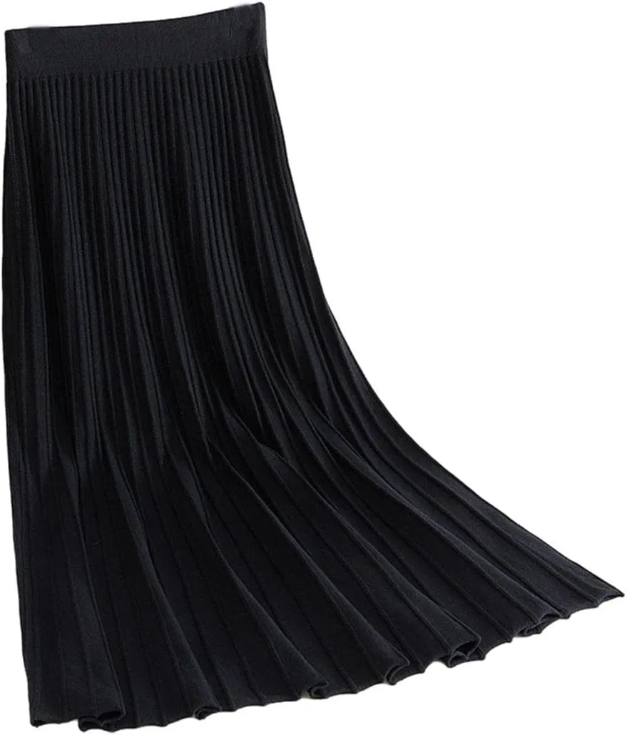 Women's Fashion Soft Knit High Waist Pleated A Line Swing Midi Skirt