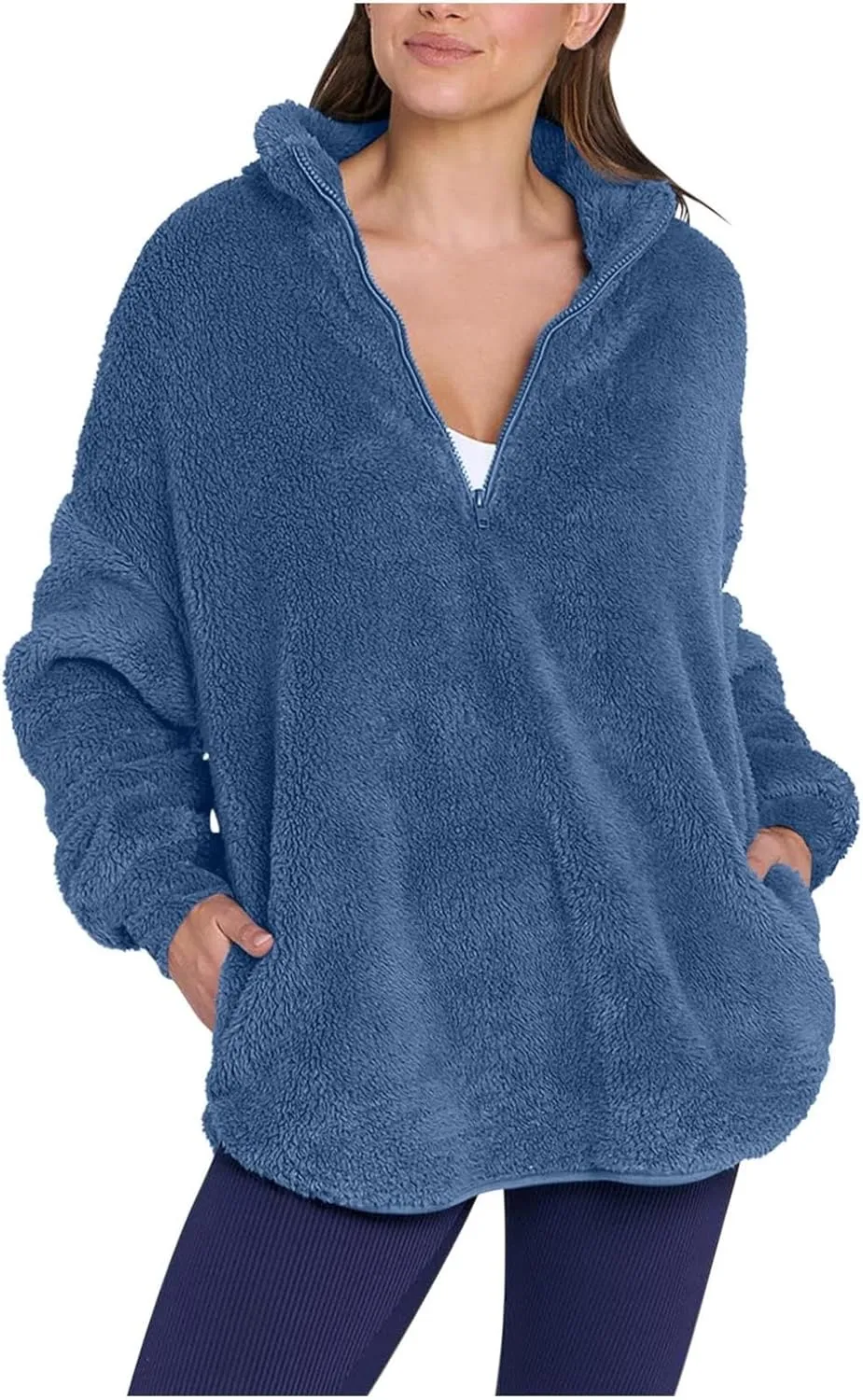 Womens Fleece Sweatshirt Half Zip Up Oversized Long Sleeve Sherpa Pullover Winter Warm Comfy Solid Color Fuzzy Tops