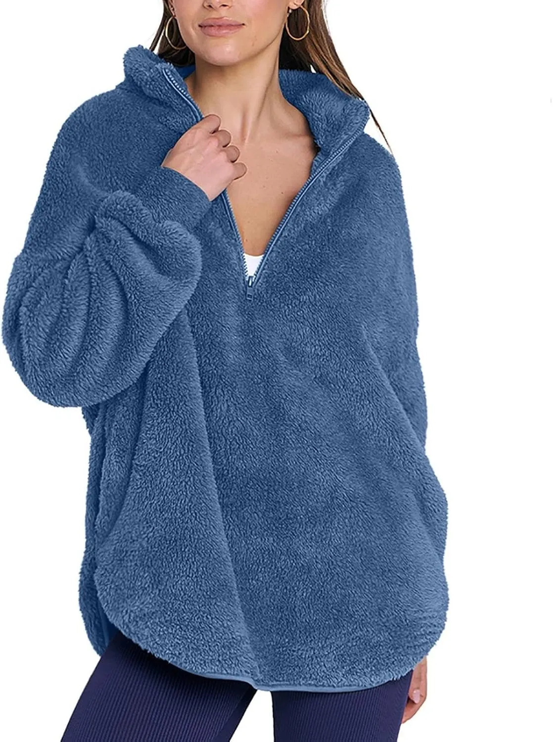 Womens Fleece Sweatshirt Half Zip Up Oversized Long Sleeve Sherpa Pullover Winter Warm Comfy Solid Color Fuzzy Tops