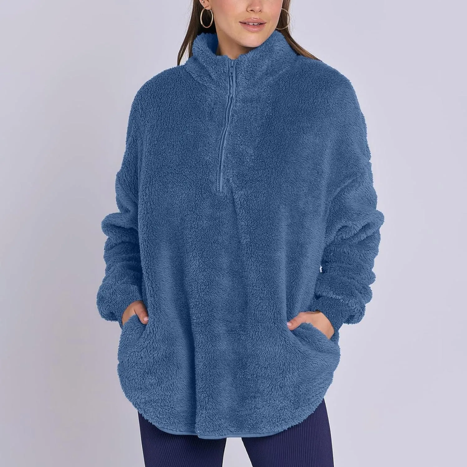 Womens Fleece Sweatshirt Half Zip Up Oversized Long Sleeve Sherpa Pullover Winter Warm Comfy Solid Color Fuzzy Tops