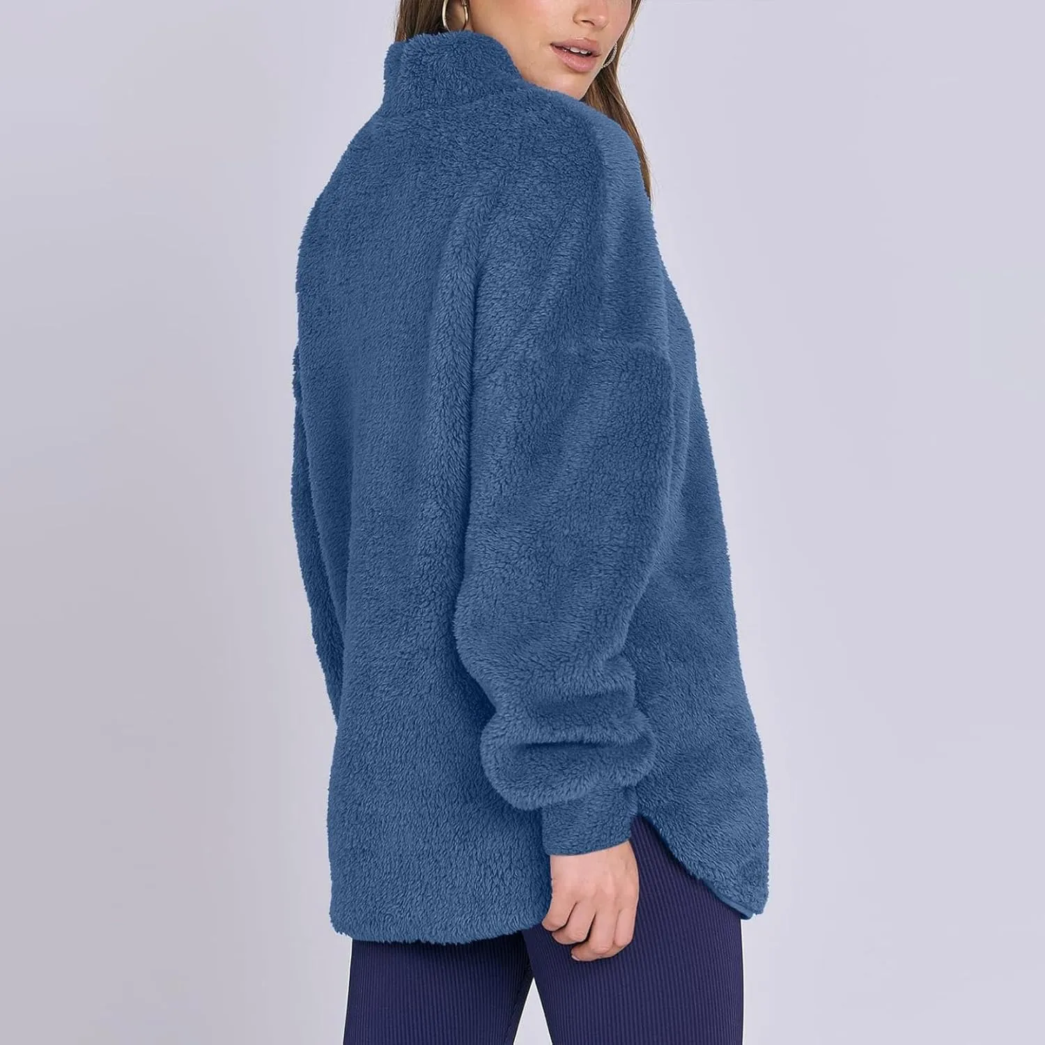 Womens Fleece Sweatshirt Half Zip Up Oversized Long Sleeve Sherpa Pullover Winter Warm Comfy Solid Color Fuzzy Tops