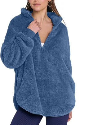 Womens Fleece Sweatshirt Half Zip Up Oversized Long Sleeve Sherpa Pullover Winter Warm Comfy Solid Color Fuzzy Tops