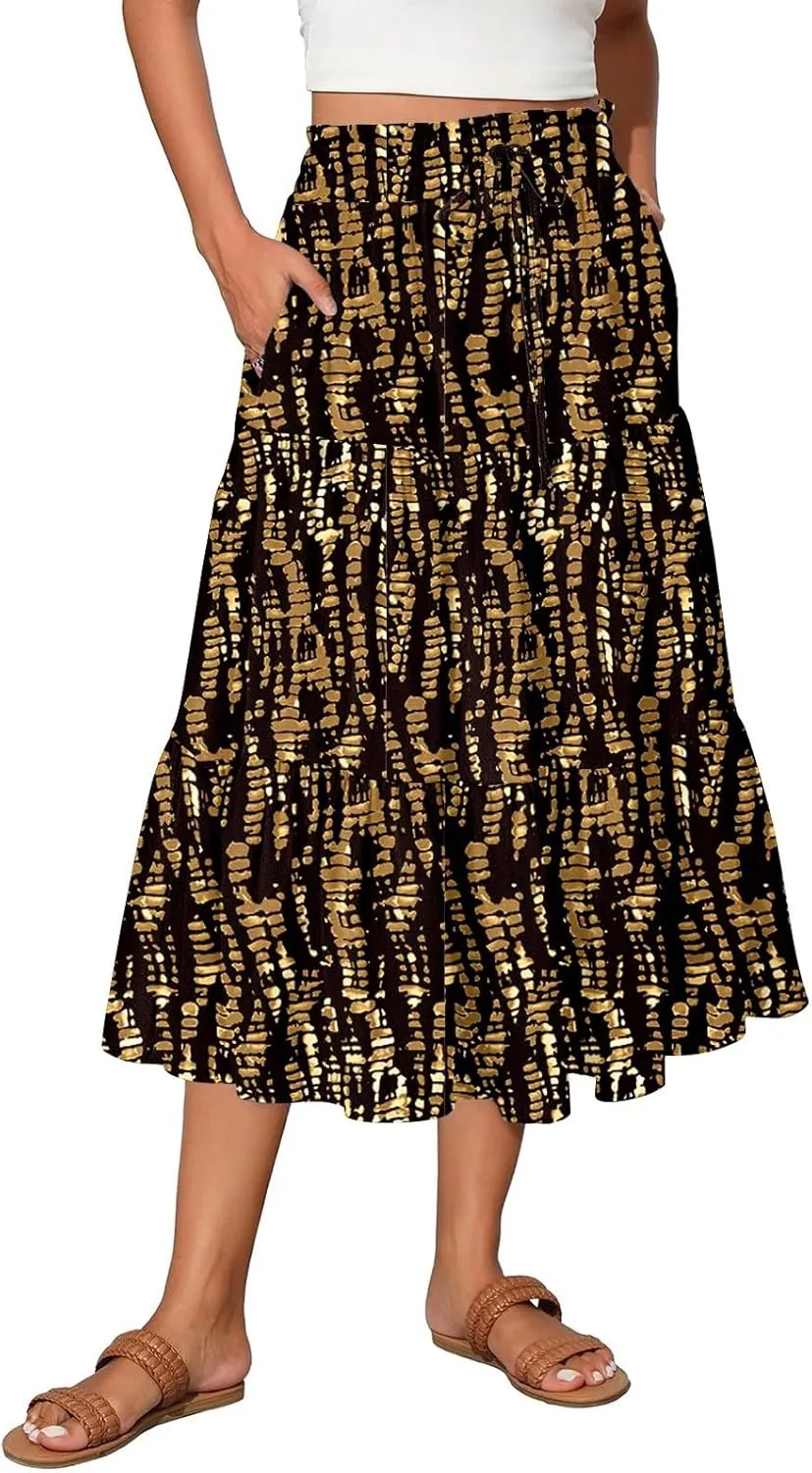 Women's Floral Midi Skirt with Pockets High Elastic Waist Flowy Ruffle Casual Summer Boho Aline Skirts