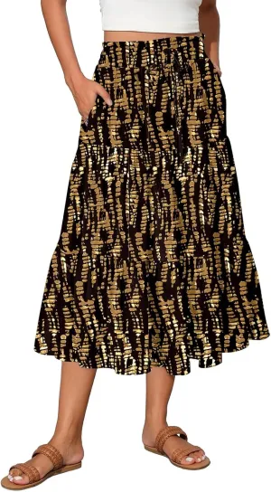 Women's Floral Midi Skirt with Pockets High Elastic Waist Flowy Ruffle Casual Summer Boho Aline Skirts