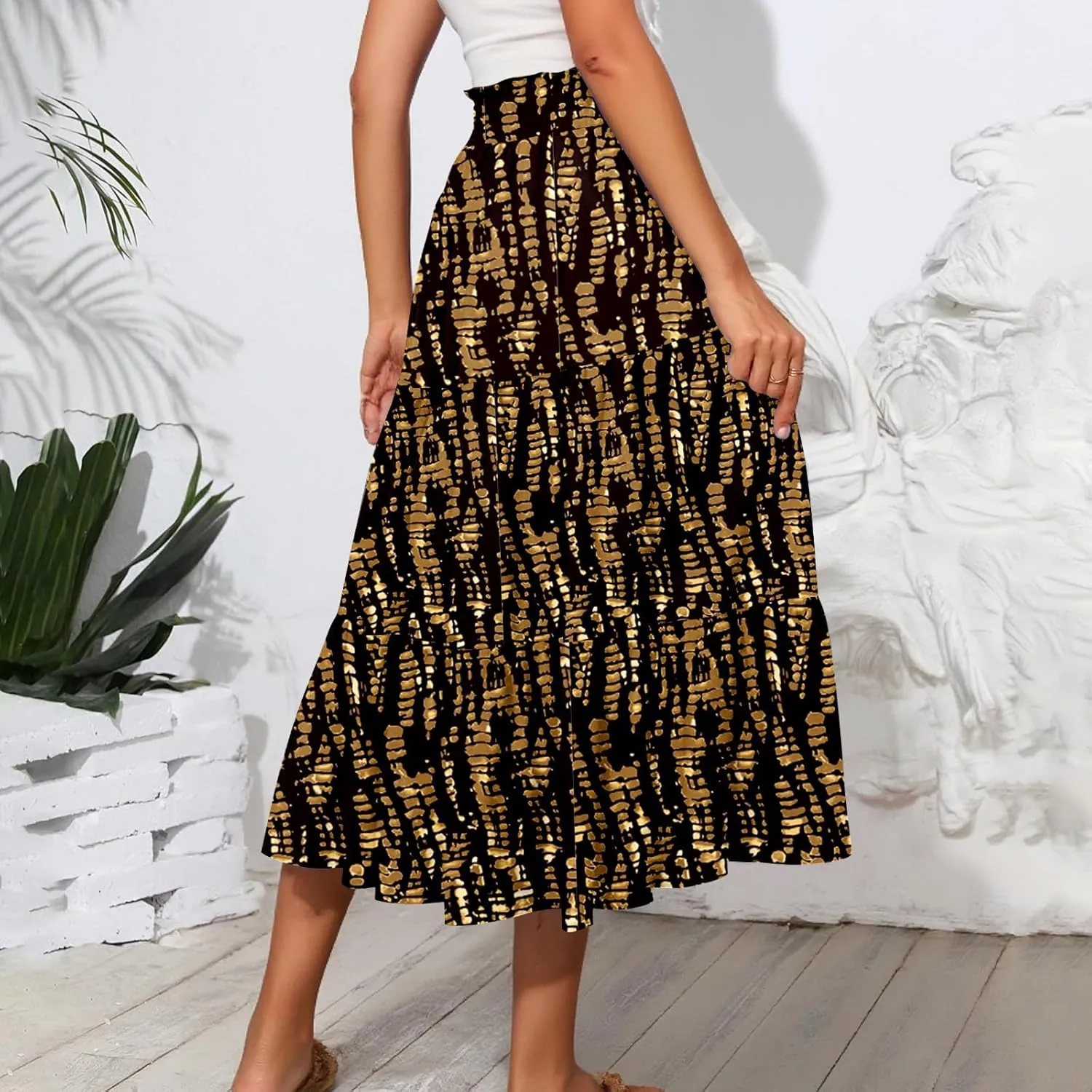 Women's Floral Midi Skirt with Pockets High Elastic Waist Flowy Ruffle Casual Summer Boho Aline Skirts