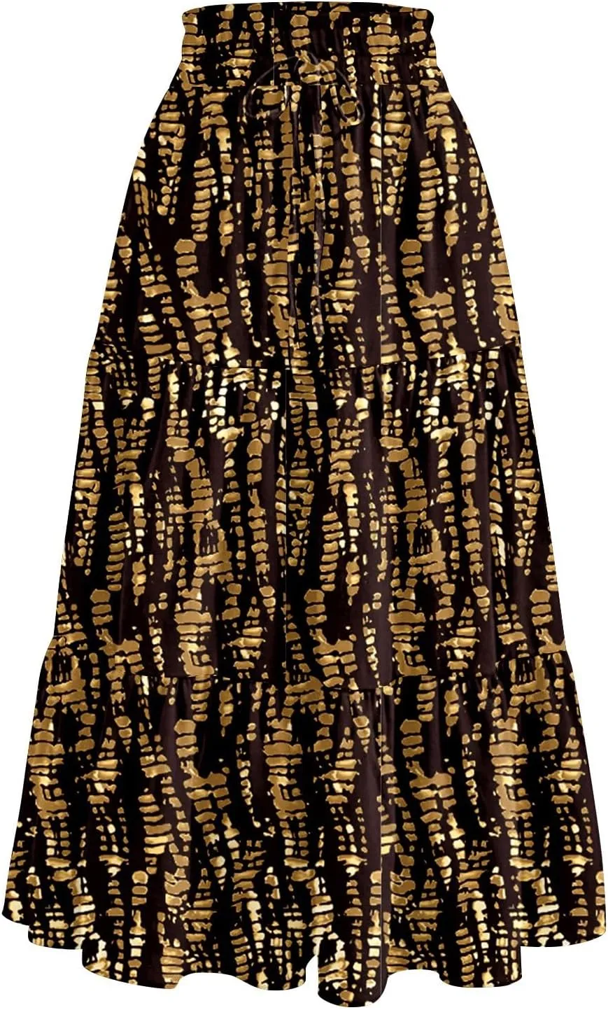 Women's Floral Midi Skirt with Pockets High Elastic Waist Flowy Ruffle Casual Summer Boho Aline Skirts