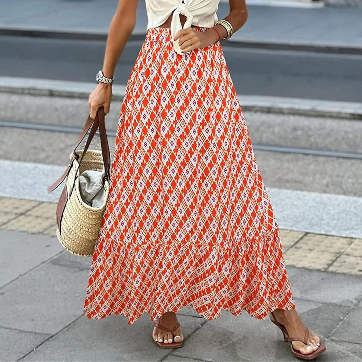 Womens Floral Print Boho Maxi Skirt High Elastic Waist Pleated Flowy Swing A-Line Maxi Skirts Summer Beach Flowy Skirts