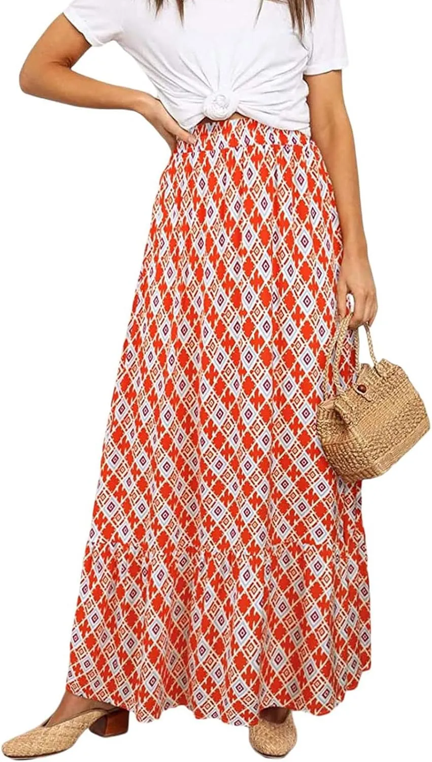 Womens Floral Print Boho Maxi Skirt High Elastic Waist Pleated Flowy Swing A-Line Maxi Skirts Summer Beach Flowy Skirts