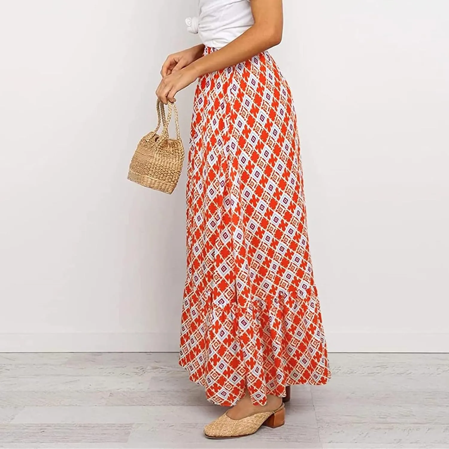 Womens Floral Print Boho Maxi Skirt High Elastic Waist Pleated Flowy Swing A-Line Maxi Skirts Summer Beach Flowy Skirts