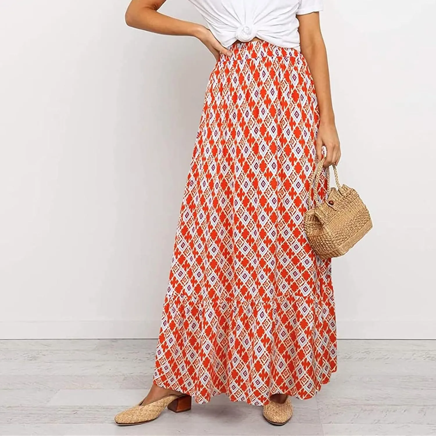 Womens Floral Print Boho Maxi Skirt High Elastic Waist Pleated Flowy Swing A-Line Maxi Skirts Summer Beach Flowy Skirts