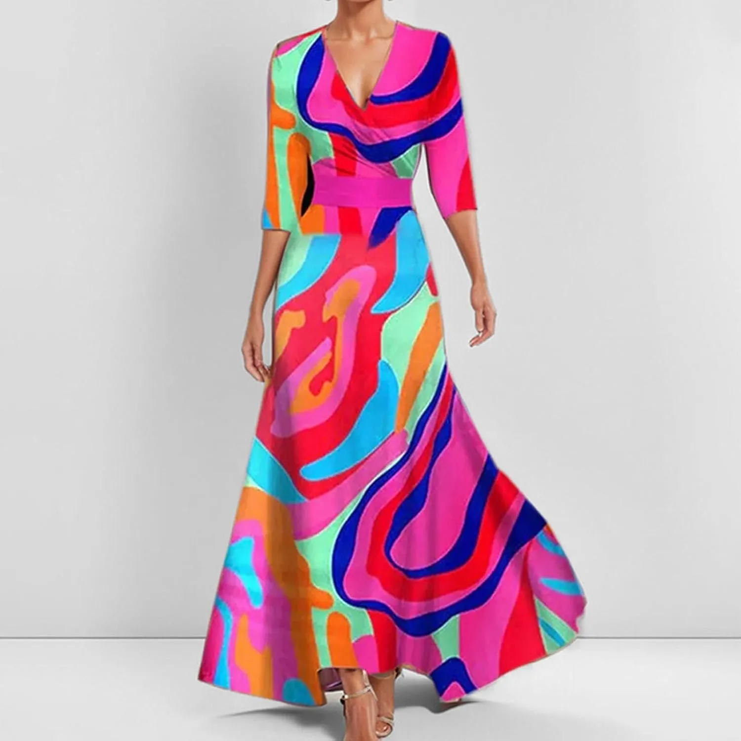 Womens Floral Printed Maxi Dress 2025 Spring Elegant V Neck Belted Long Summer Wedding Prom Cocktail Beach Dresses