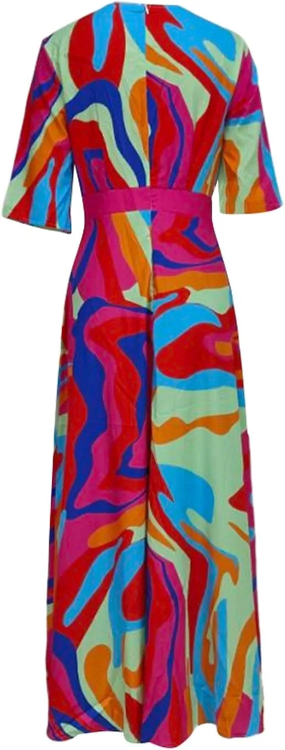 Womens Floral Printed Maxi Dress 2025 Spring Elegant V Neck Belted Long Summer Wedding Prom Cocktail Beach Dresses