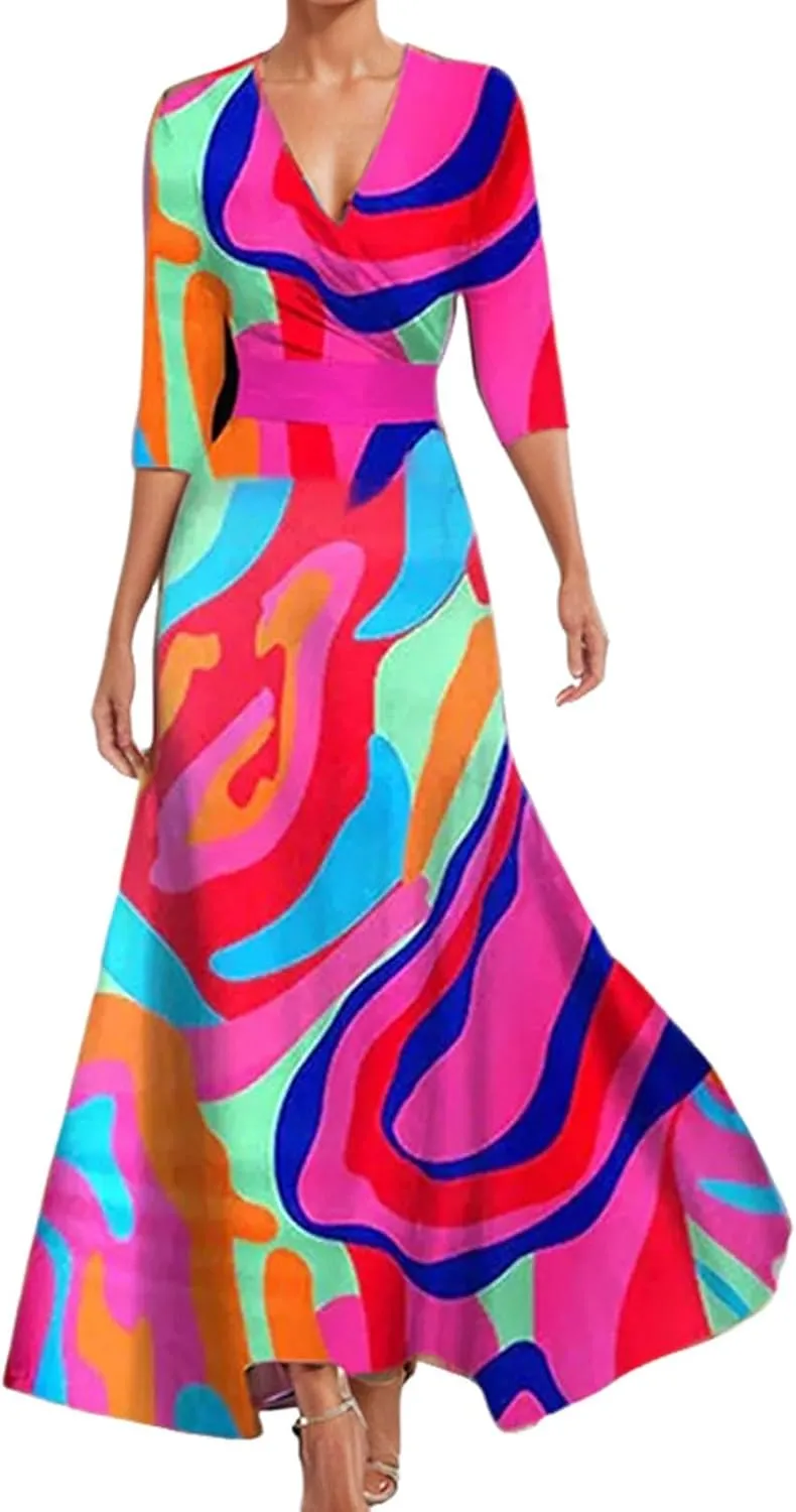 Womens Floral Printed Maxi Dress 2025 Spring Elegant V Neck Belted Long Summer Wedding Prom Cocktail Beach Dresses