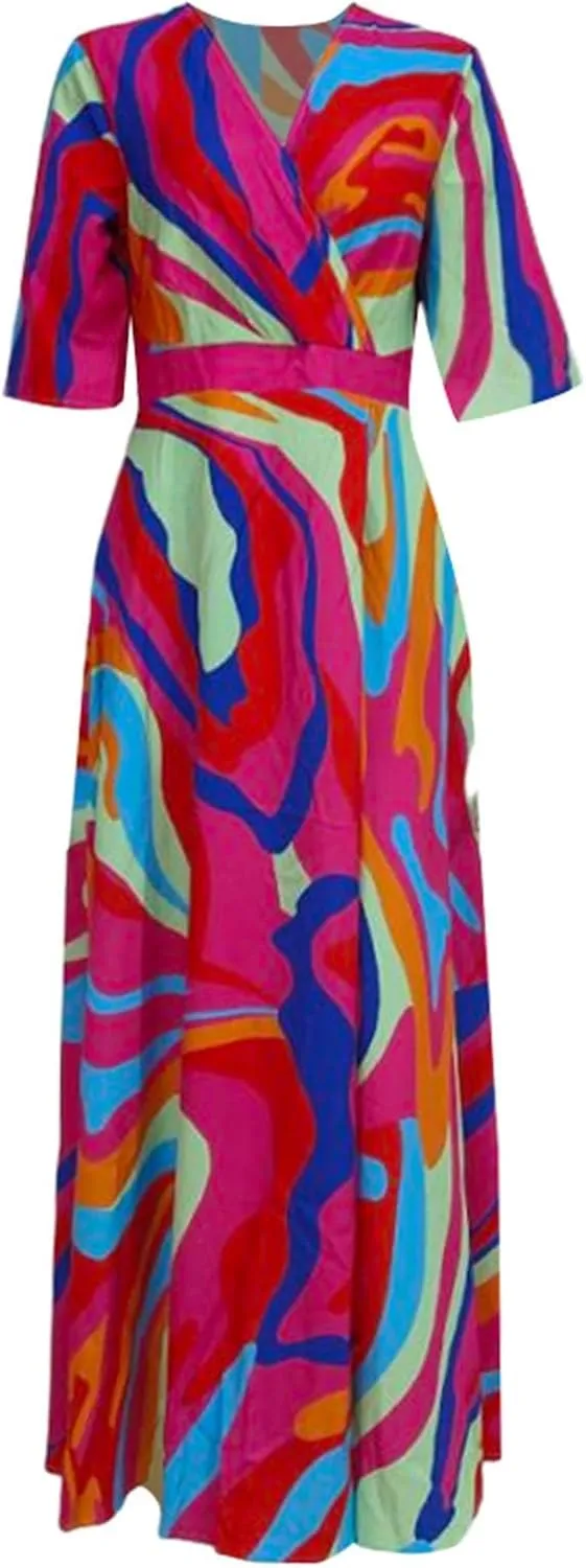 Womens Floral Printed Maxi Dress 2025 Spring Elegant V Neck Belted Long Summer Wedding Prom Cocktail Beach Dresses