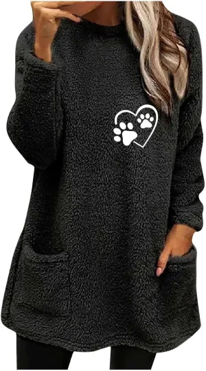 Womens Fuzzy Fleece Sweatshirts Casual Loose Oversized Sherpa Pullovers Cute Graphic Soft Comfy Sweaters Loungewear