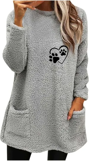 Womens Fuzzy Fleece Sweatshirts Casual Loose Oversized Sherpa Pullovers Cute Graphic Soft Comfy Sweaters Loungewear