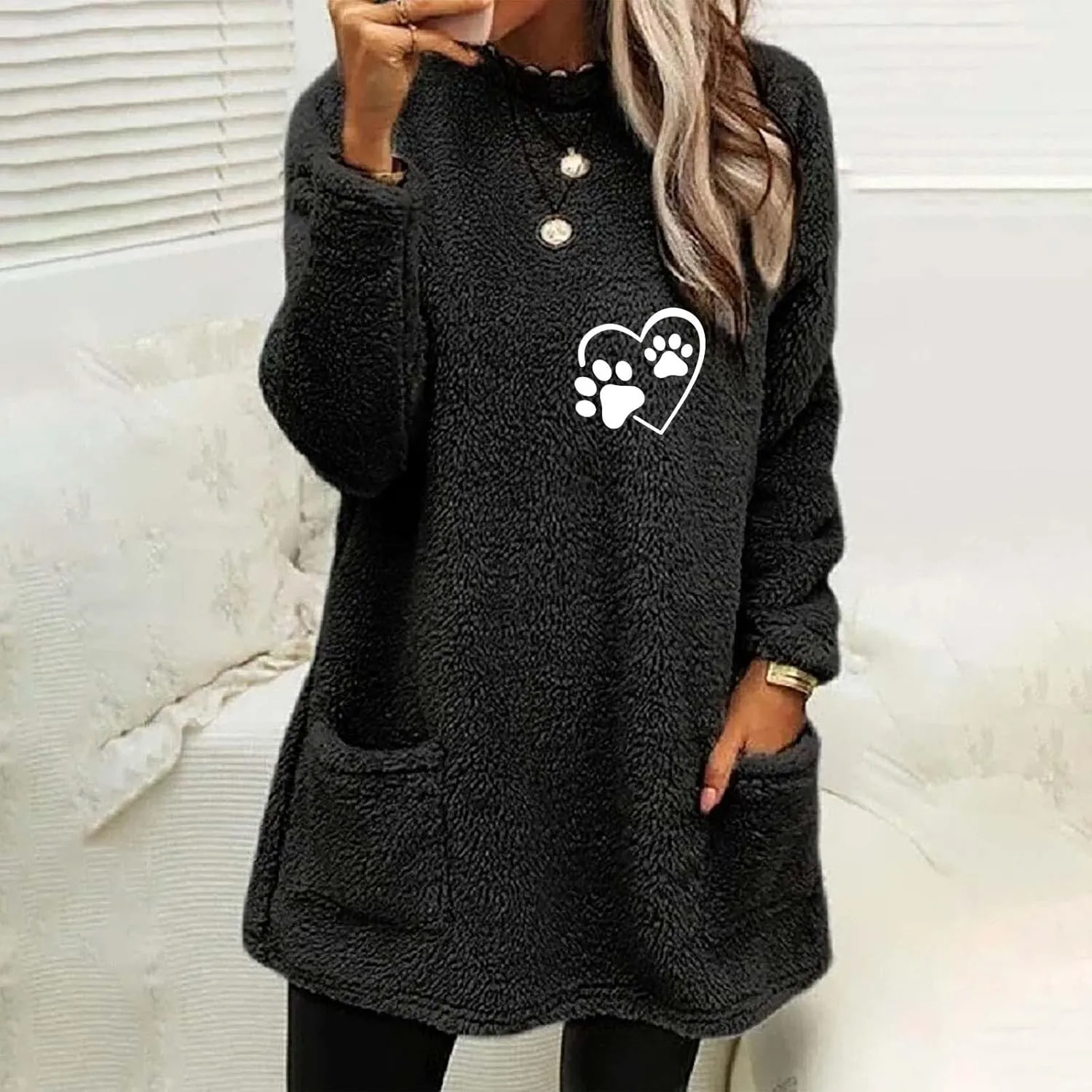 Womens Fuzzy Fleece Sweatshirts Casual Loose Oversized Sherpa Pullovers Cute Graphic Soft Comfy Sweaters Loungewear