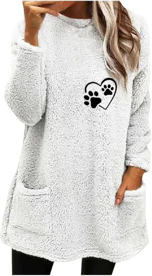 Womens Fuzzy Fleece Sweatshirts Casual Loose Oversized Sherpa Pullovers Cute Graphic Soft Comfy Sweaters Loungewear