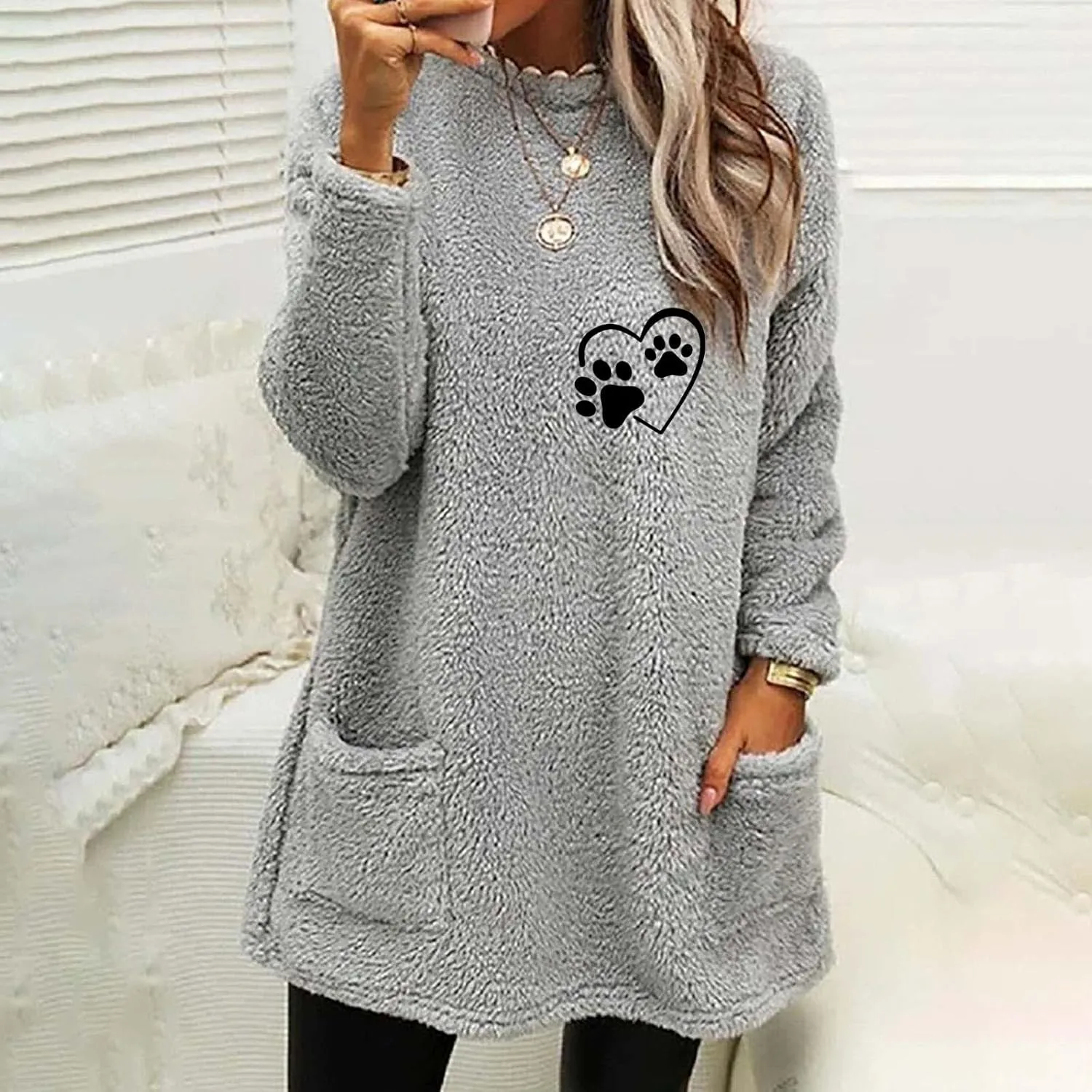 Womens Fuzzy Fleece Sweatshirts Casual Loose Oversized Sherpa Pullovers Cute Graphic Soft Comfy Sweaters Loungewear