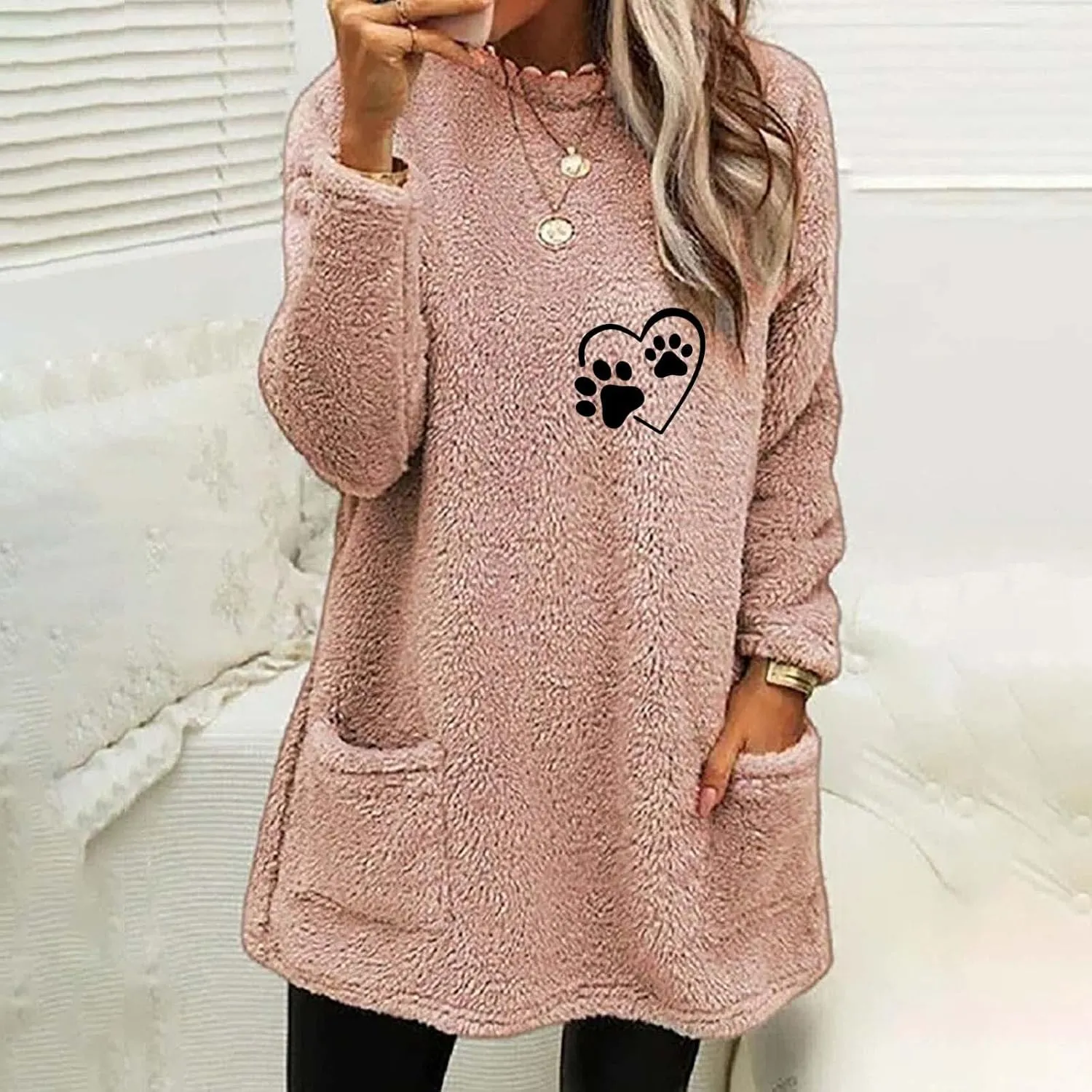 Womens Fuzzy Fleece Sweatshirts Casual Loose Oversized Sherpa Pullovers Cute Graphic Soft Comfy Sweaters Loungewear