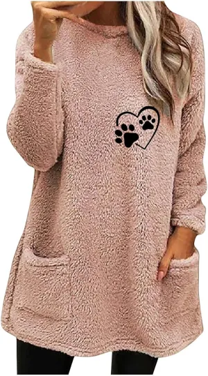 Womens Fuzzy Fleece Sweatshirts Casual Loose Oversized Sherpa Pullovers Cute Graphic Soft Comfy Sweaters Loungewear