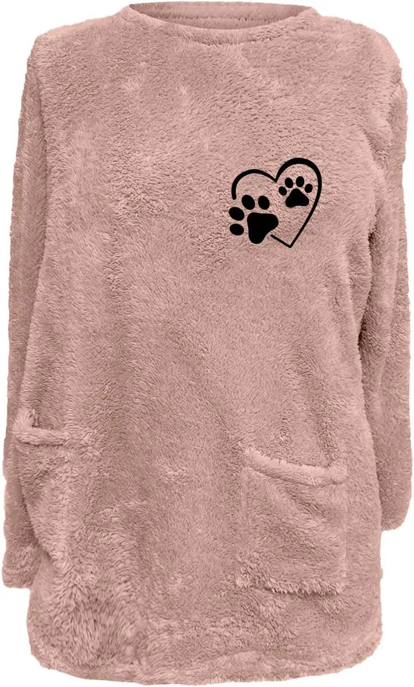 Womens Fuzzy Fleece Sweatshirts Casual Loose Oversized Sherpa Pullovers Cute Graphic Soft Comfy Sweaters Loungewear