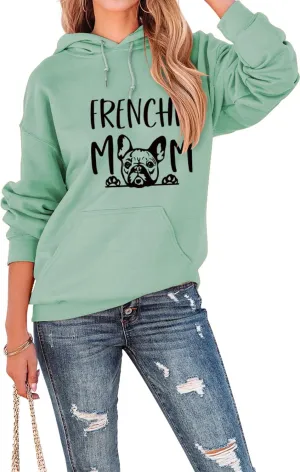 Womens Hoodies Oversized Sweatshirt Loose Long Sleeve Shirts with Pocket Frenchie Mom Cute Dog Letter Graphic Top