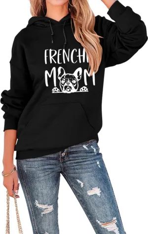 Womens Hoodies Oversized Sweatshirt Loose Long Sleeve Shirts with Pocket Frenchie Mom Cute Dog Letter Graphic Top