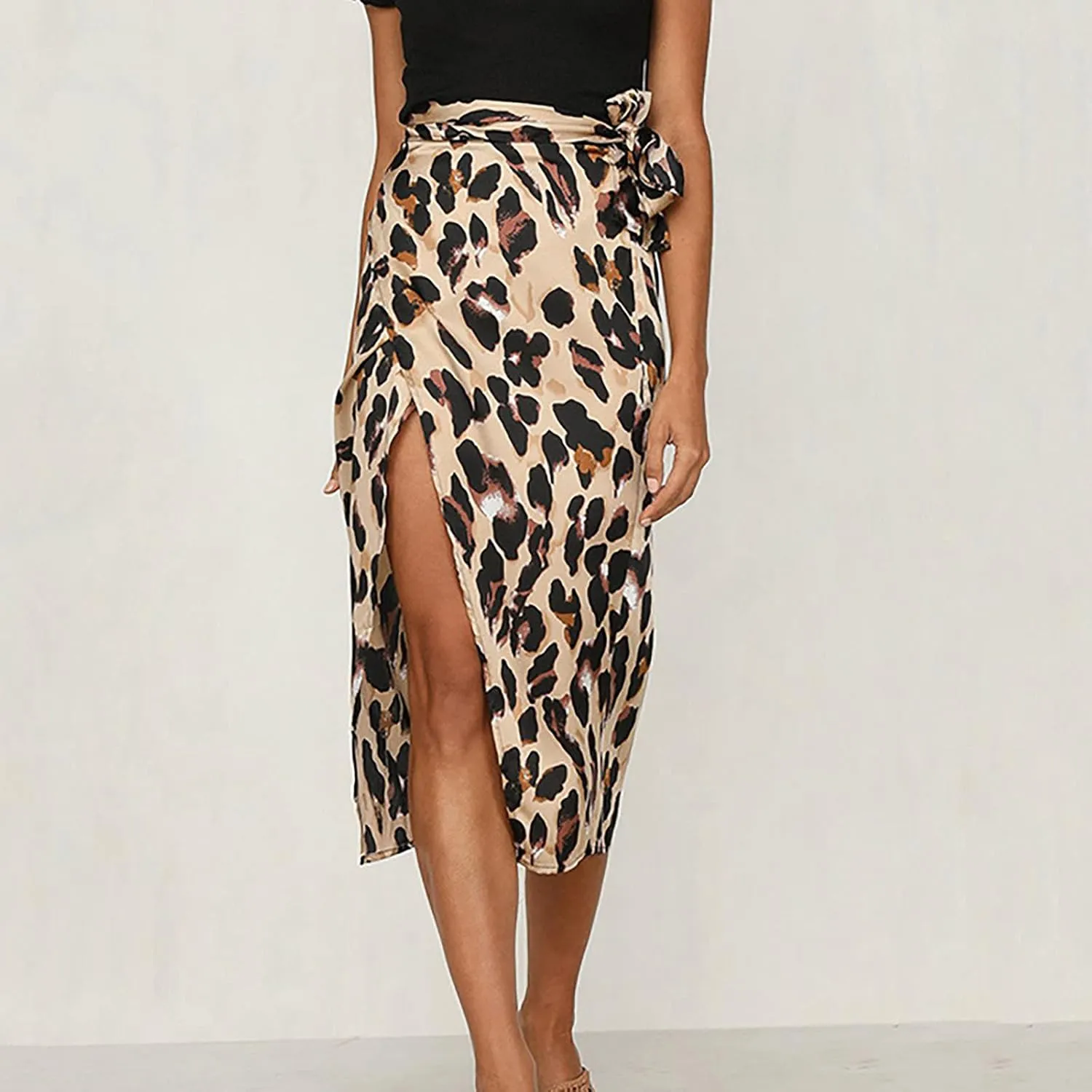 Women's Leopard Print Chiffon Skirt Elastic High Waist A Line Pleated Ruffle Maxi Skirt Split Side Long Skirt (Brown, L)