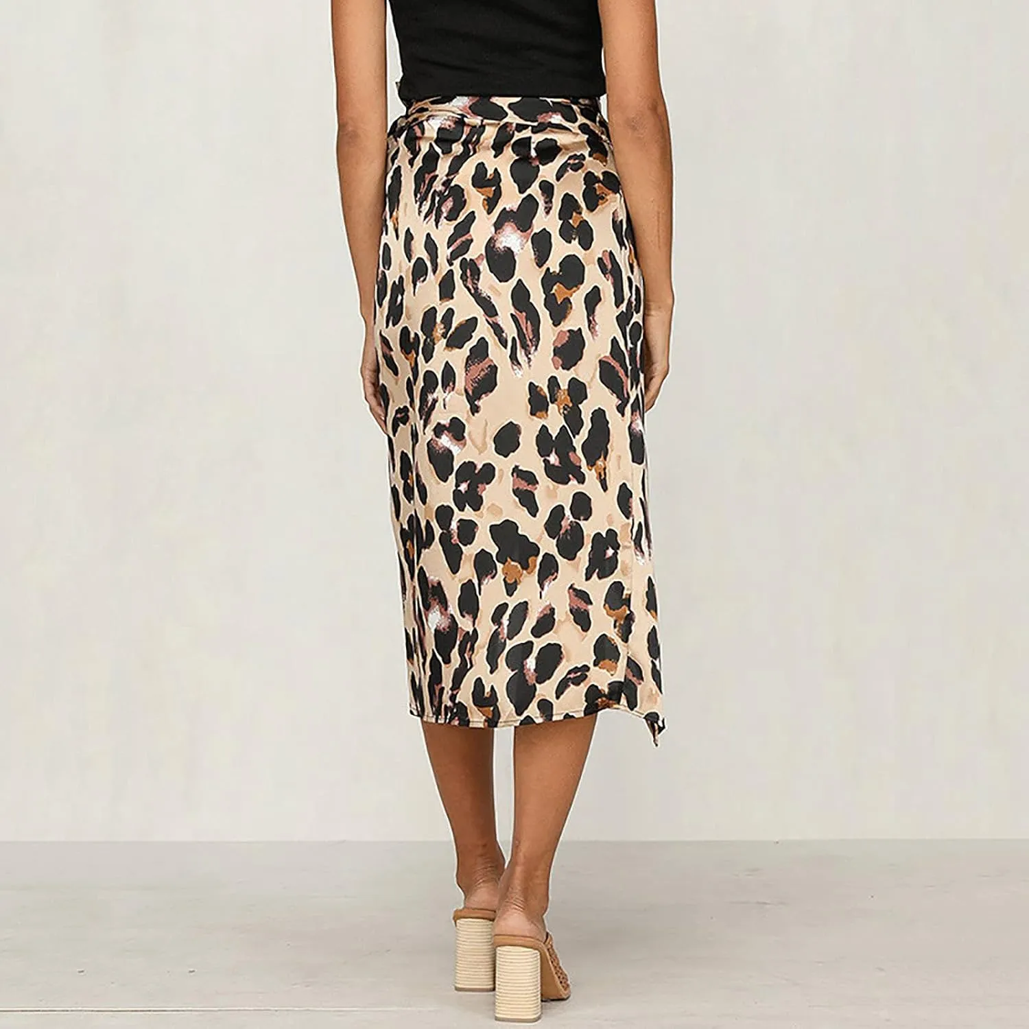 Women's Leopard Print Chiffon Skirt Elastic High Waist A Line Pleated Ruffle Maxi Skirt Split Side Long Skirt (Brown, L)