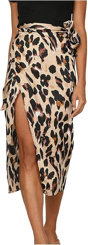 Women's Leopard Print Chiffon Skirt Elastic High Waist A Line Pleated Ruffle Maxi Skirt Split Side Long Skirt (Brown, L)