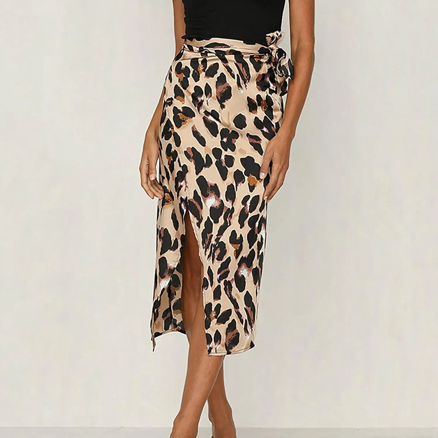 Women's Leopard Print Chiffon Skirt Elastic High Waist A Line Pleated Ruffle Maxi Skirt Split Side Long Skirt (Brown, L)