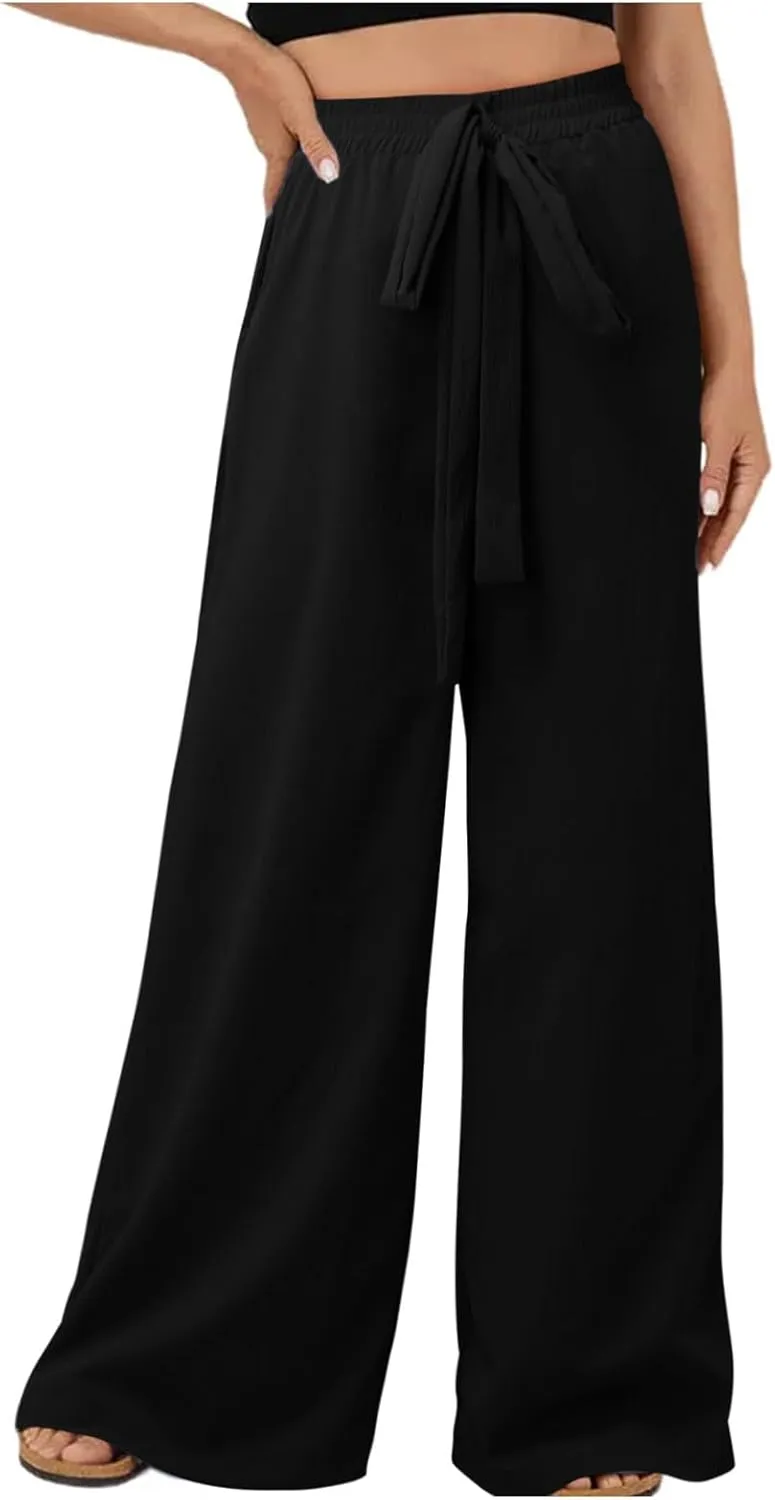 Womens Linen Blend Summer Comfy Pants Low Waist Bootcut Plus Size Palazzo Lounge Pants Work Business