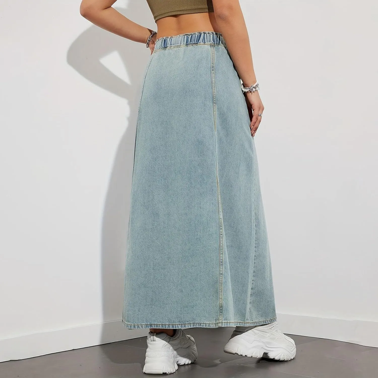Women's Long Denim Skirts Casual Blue Paperbag Elastic High Waist A Line Jean Long Maxi Flare Skirt
