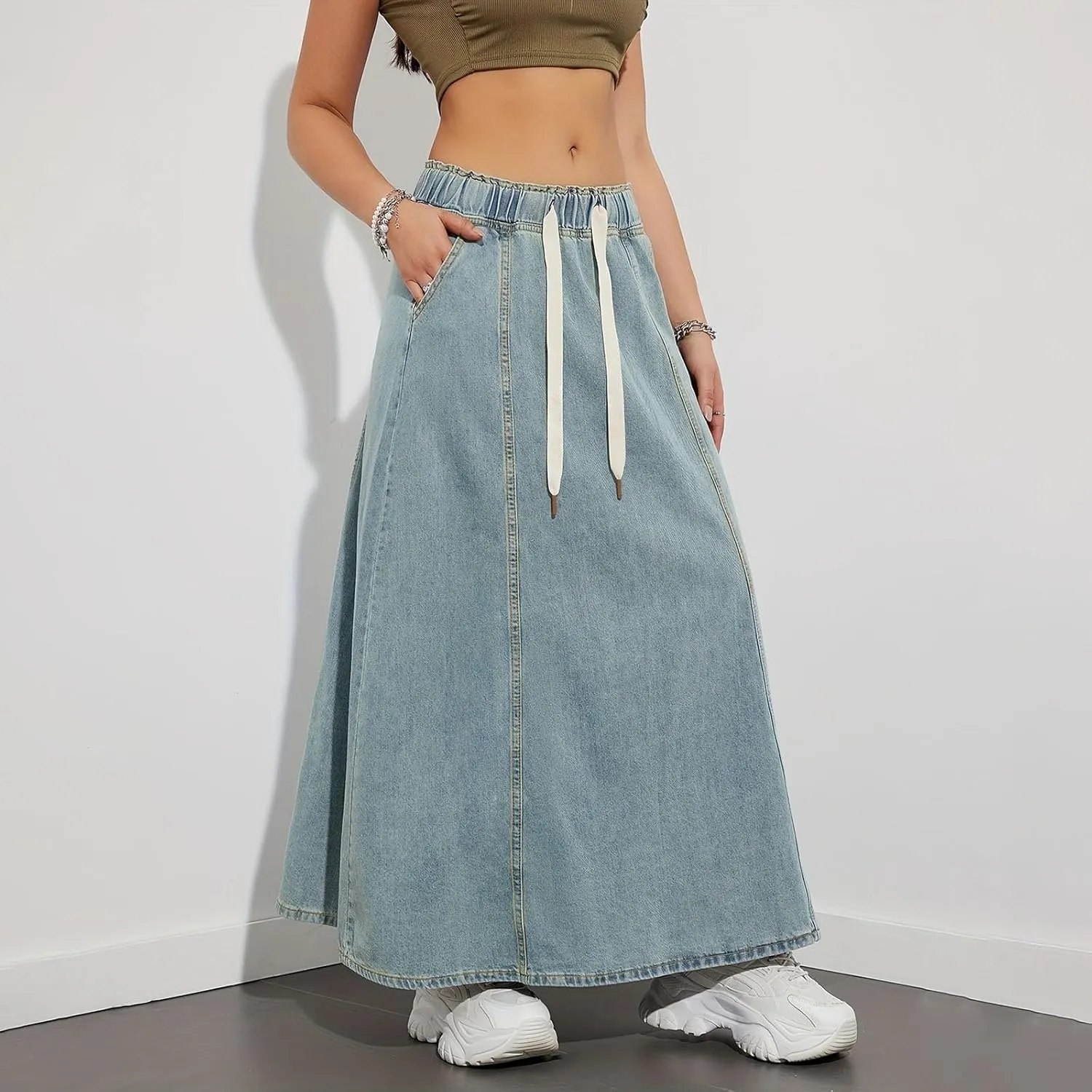 Women's Long Denim Skirts Casual Blue Paperbag Elastic High Waist A Line Jean Long Maxi Flare Skirt