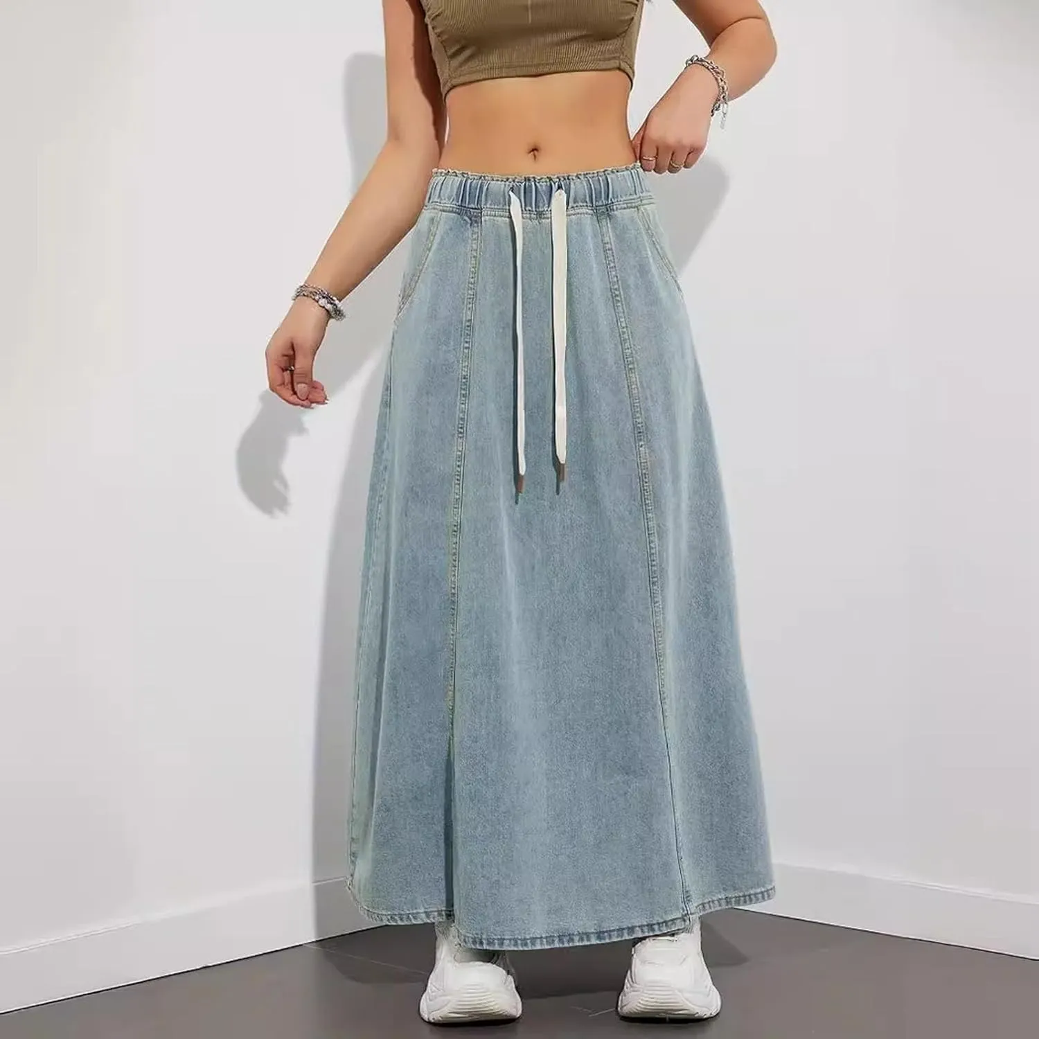 Women's Long Denim Skirts Casual Blue Paperbag Elastic High Waist A Line Jean Long Maxi Flare Skirt
