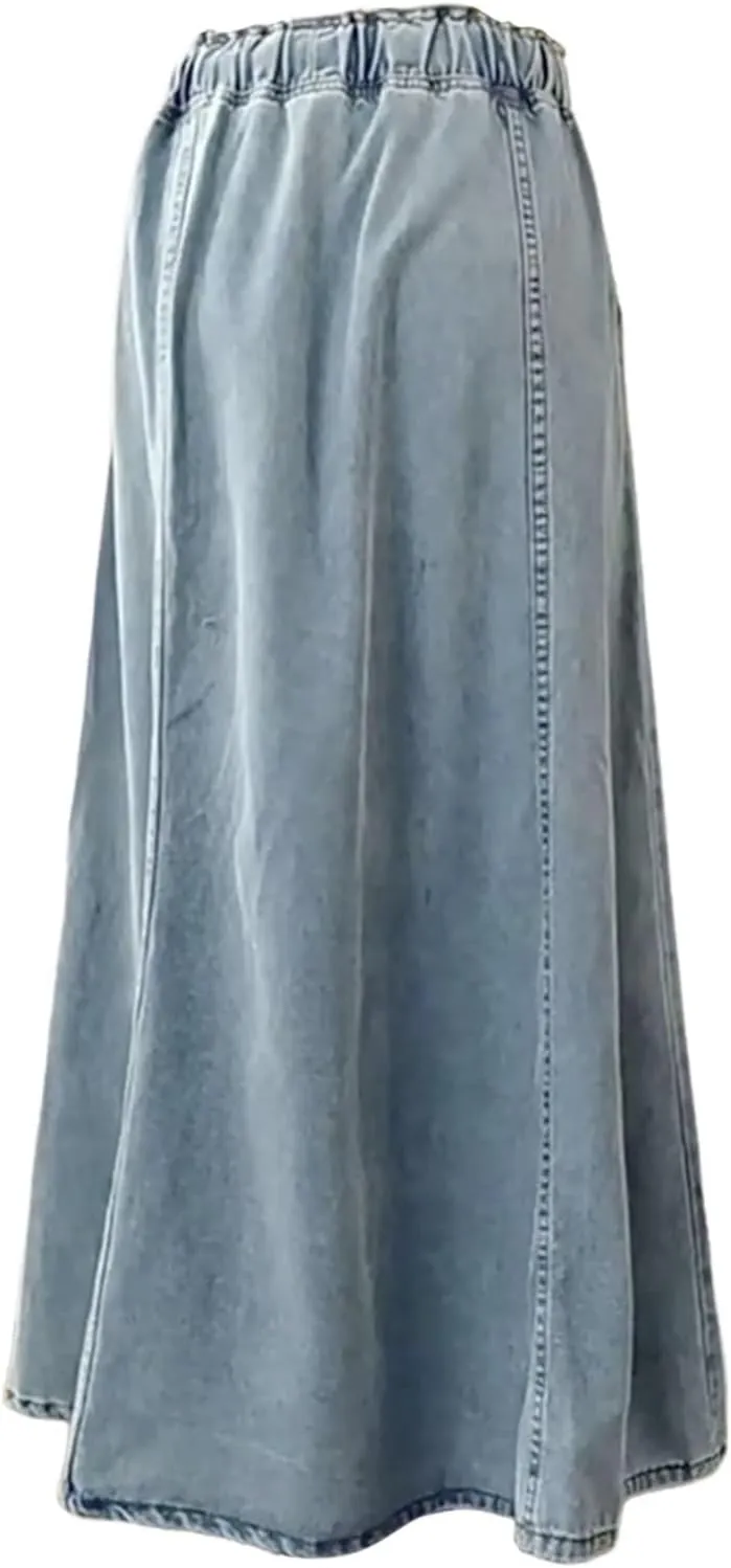 Women's Long Denim Skirts Casual Blue Paperbag Elastic High Waist A Line Jean Long Maxi Flare Skirt
