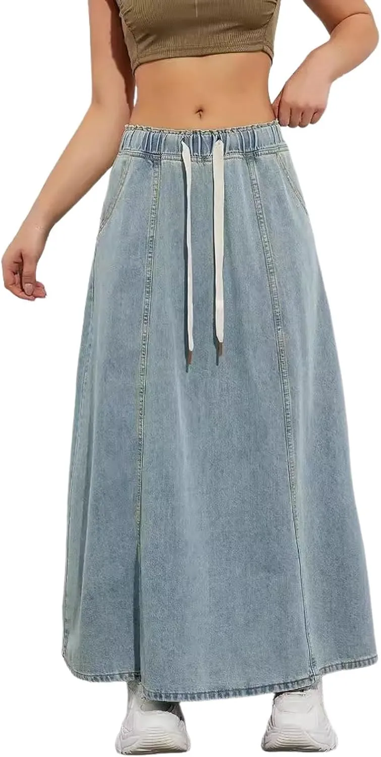 Women's Long Denim Skirts Casual Blue Paperbag Elastic High Waist A Line Jean Long Maxi Flare Skirt