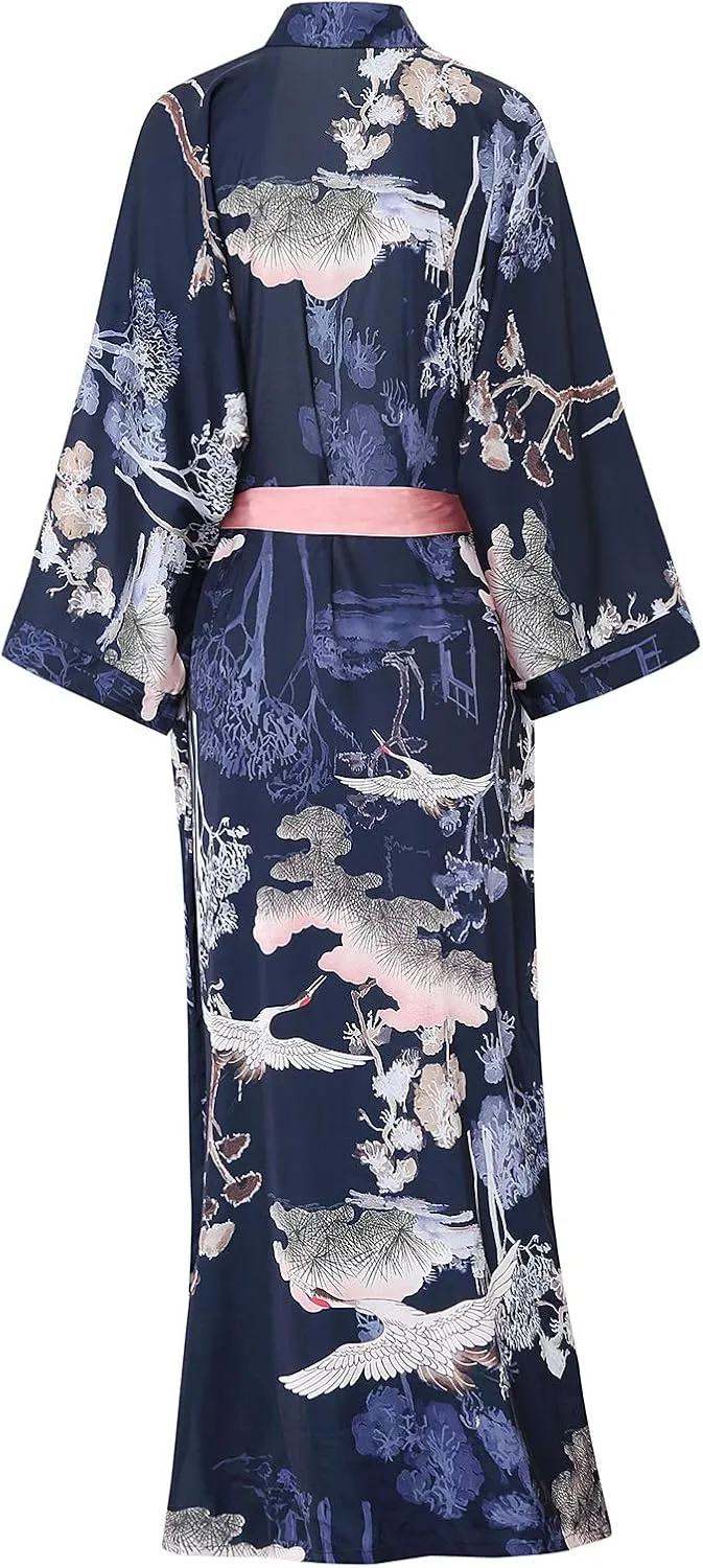 Women's Long Kimono Robe Floral Silk Robe Satin Silky Bathrobe Sleepwear Bridesmaid Wedding Robes