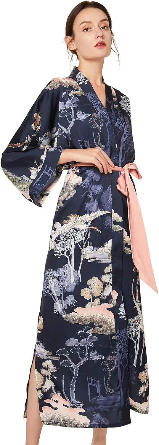 Women's Long Kimono Robe Floral Silk Robe Satin Silky Bathrobe Sleepwear Bridesmaid Wedding Robes