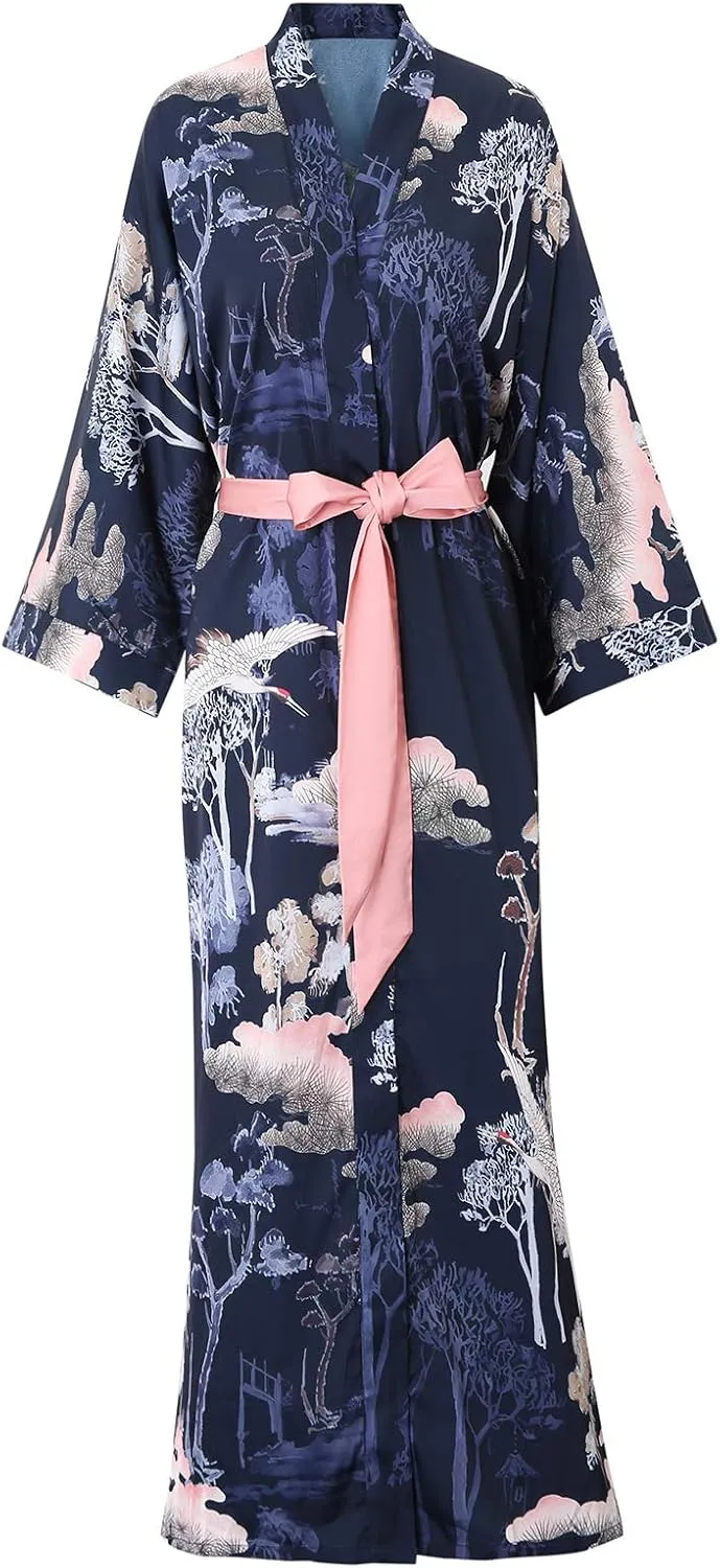 Women's Long Kimono Robe Floral Silk Robe Satin Silky Bathrobe Sleepwear Bridesmaid Wedding Robes