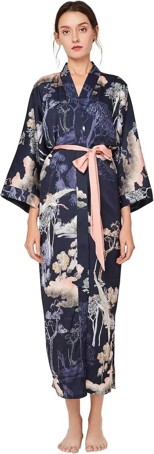 Women's Long Kimono Robe Floral Silk Robe Satin Silky Bathrobe Sleepwear Bridesmaid Wedding Robes