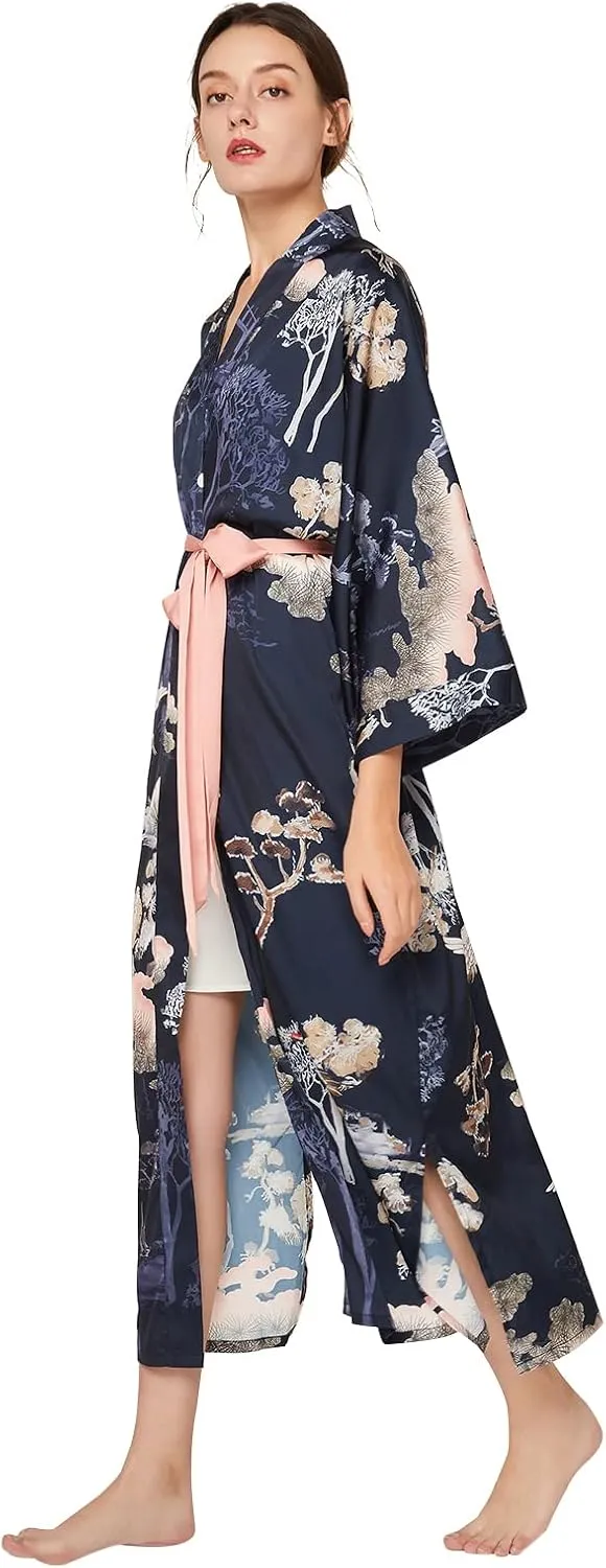 Women's Long Kimono Robe Floral Silk Robe Satin Silky Bathrobe Sleepwear Bridesmaid Wedding Robes