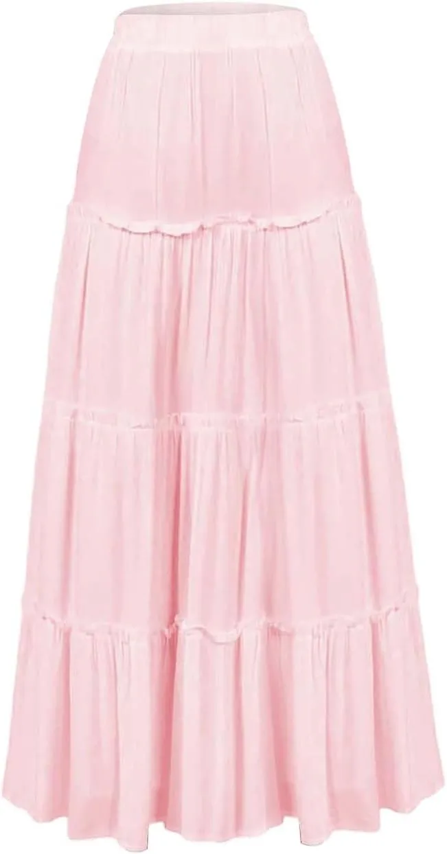 Women's Long Maxi Skirts Elastic High Waist Tiered Flowy Long Skirt Pleated Swing A Line Maxi Summer Girls