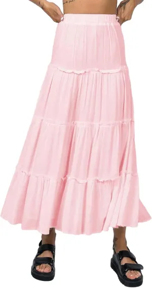 Women's Long Maxi Skirts Elastic High Waist Tiered Flowy Long Skirt Pleated Swing A Line Maxi Summer Girls